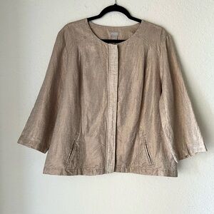 Chico's Casual Boxy Relaxed 100% Linen Modern Gold Foil Zip Up Jacket Holiday